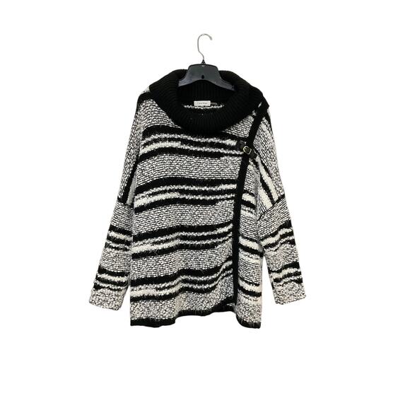 Calvin Klein Cowl Neck Sweater Womens L/XL Faux Wrap Black White Buckle Heavy - Picture 1 of 6
